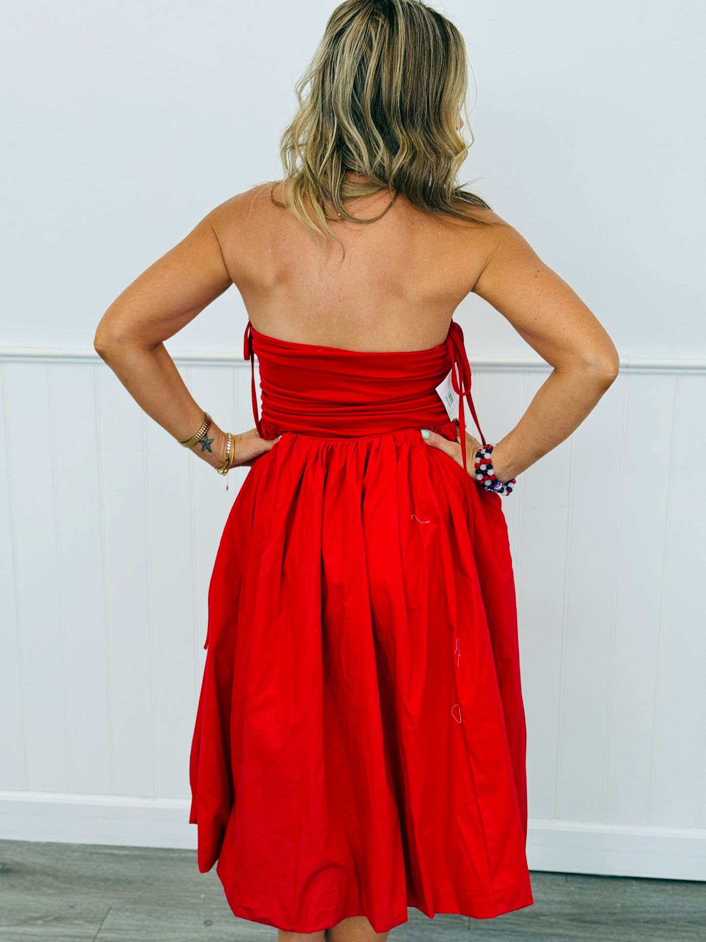Red Ruched Side Tie Strapless Midi Dress (Reg)