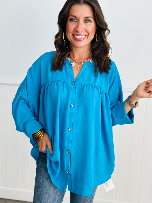 Aqua Rose Button Down Oversized Blouse (Reg. and Plus)