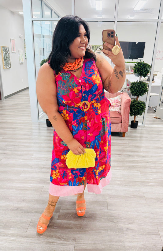 Red Tropical Floral Midi Dress (Reg & Plus)
