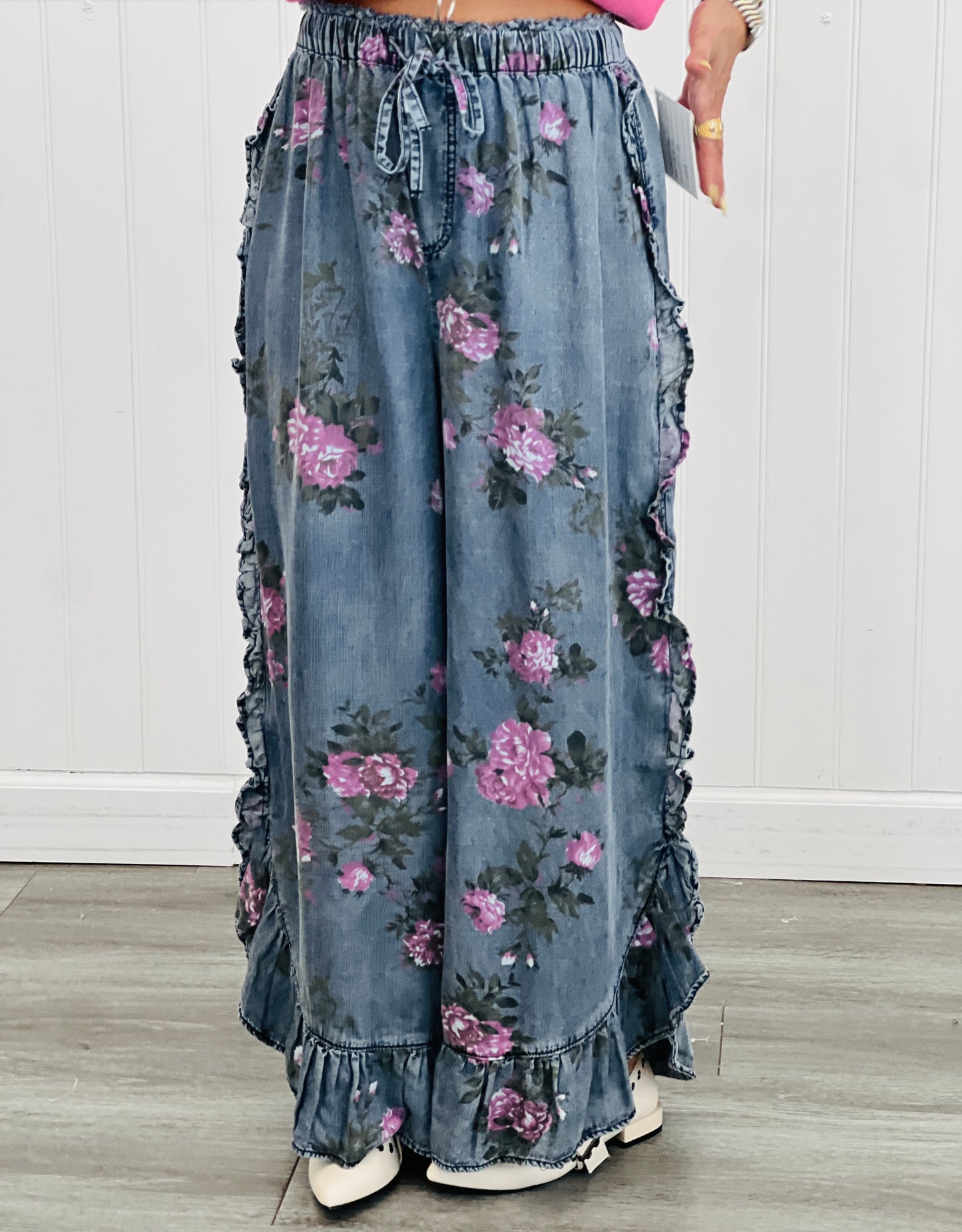 Chambray Flower Child Ruffled Pants (Reg & Plus)-2 Colors