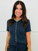 Navy Scalloped Edge Trim Button Down Top (Reg.)