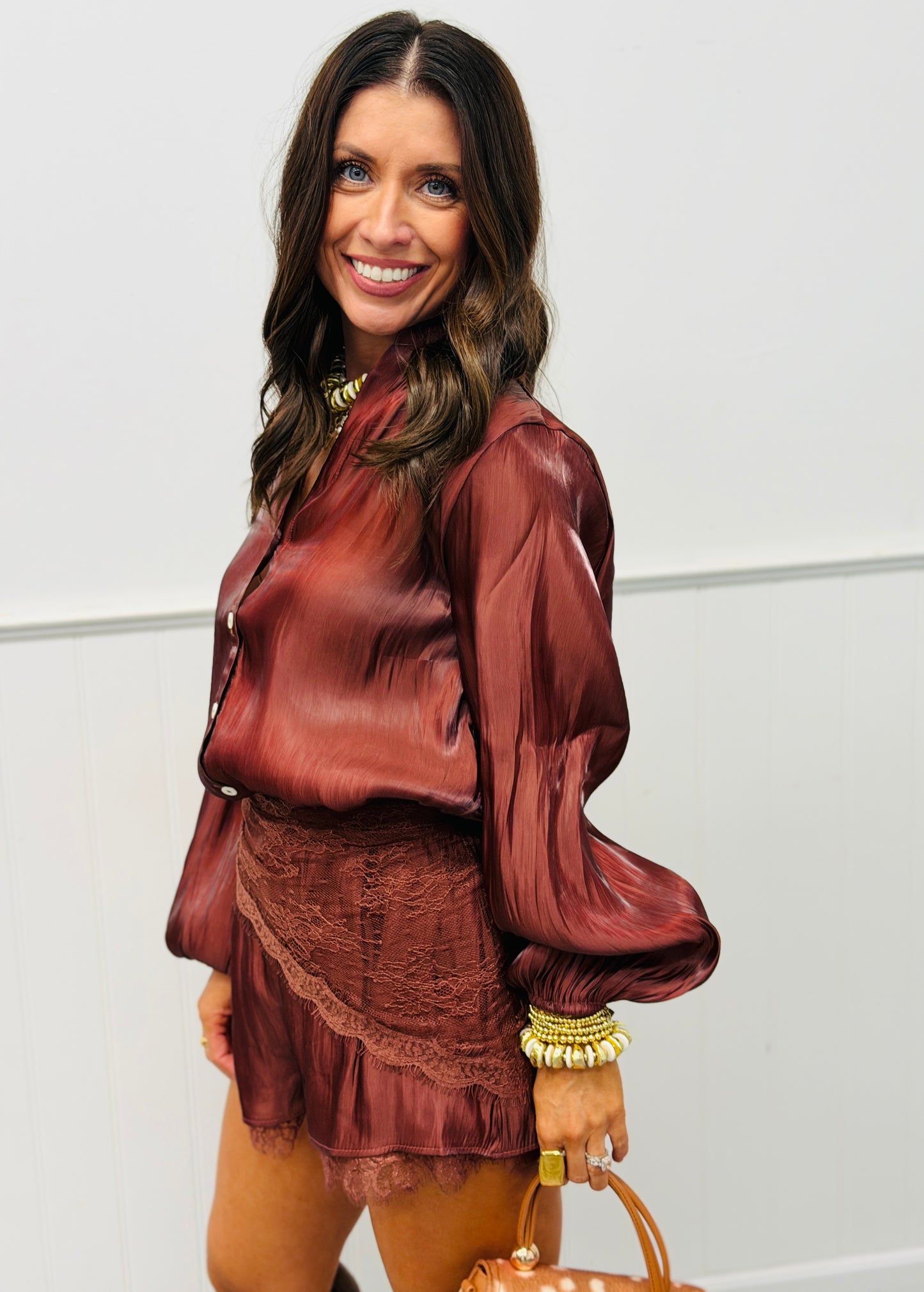 Brown Button Down Organza Top & Short Sets (Reg.)