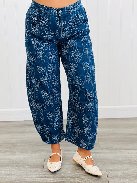 Textured Flower Power Barrel Jeans (Reg & Plus)