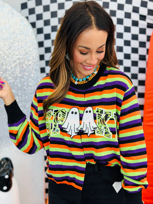 Queen Of Sparkles Striped 'Spooky' Icon Button Up Cardigan (Reg. and Plus)