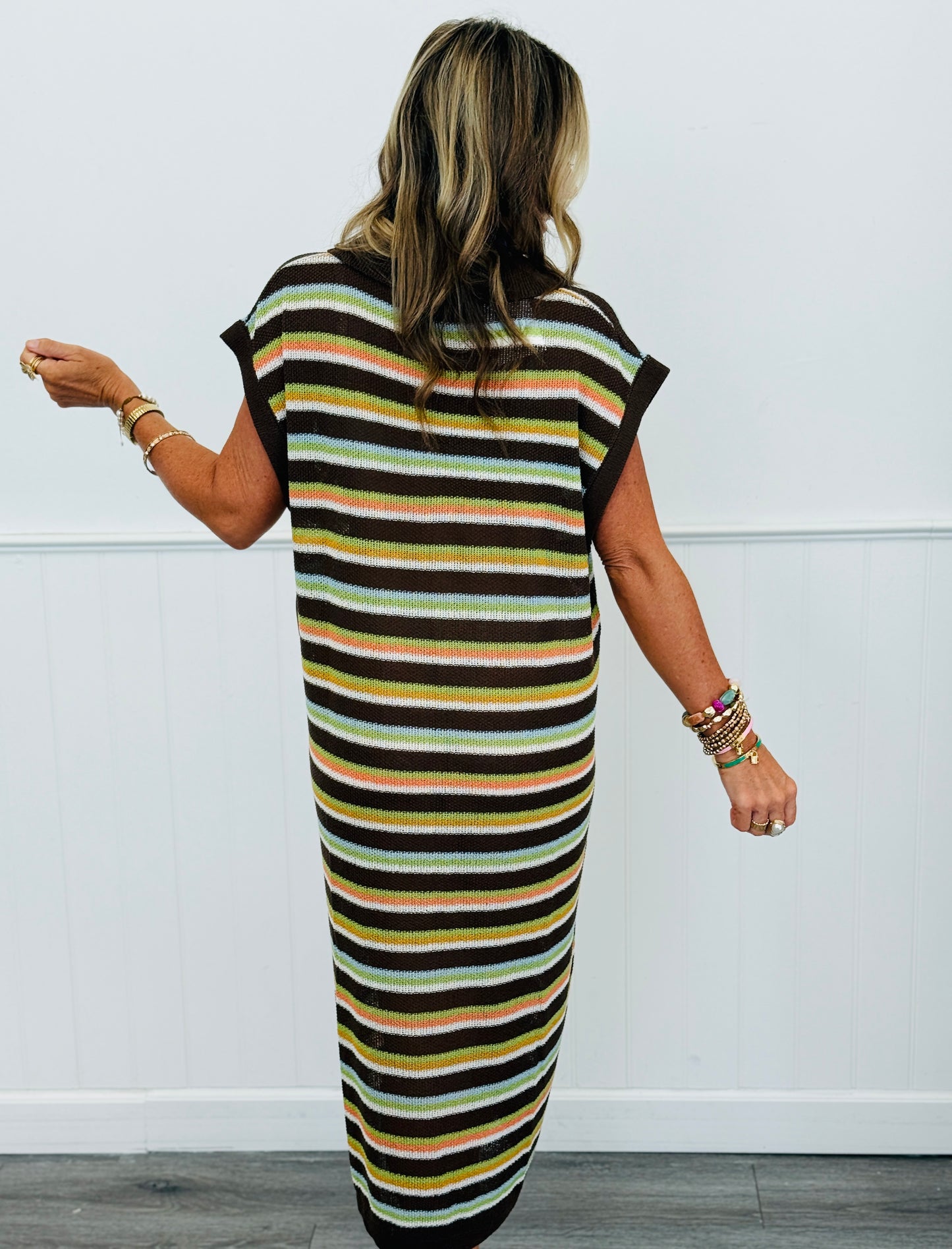 Brown Multi Stripe Knit Polo Midi Dress (Reg & Plus)