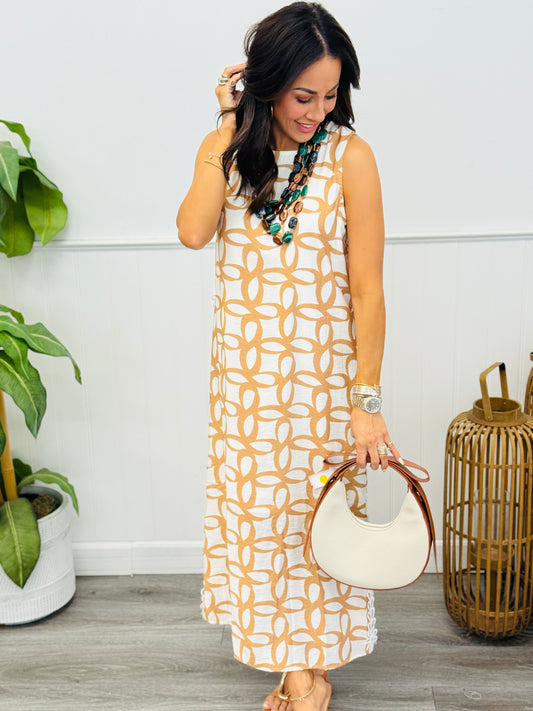 Taupe Geometric Sleeveless Midi Dress (Reg & Plus)