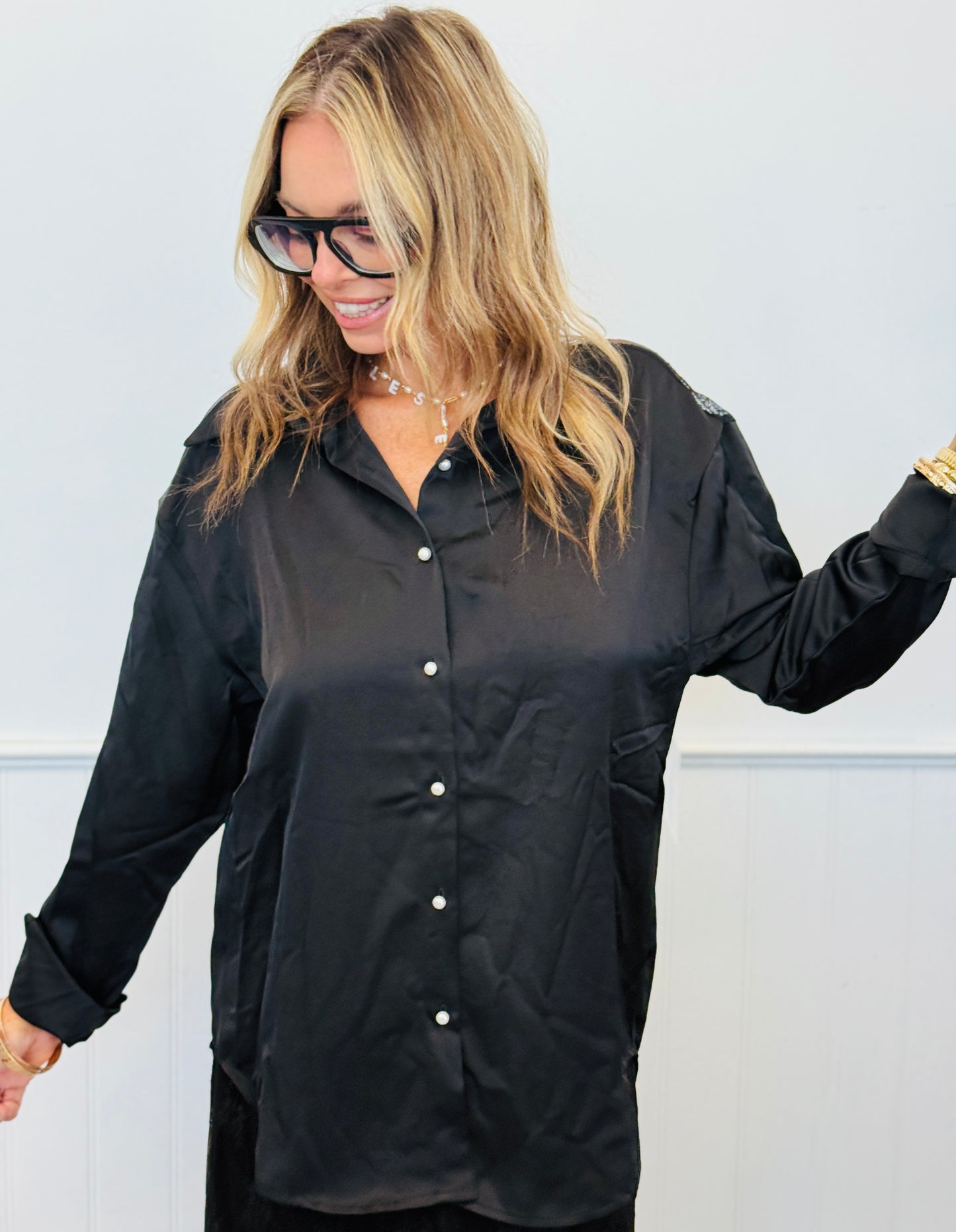 Black Lace Pearl Button Down Top & Maxi Skirt (Reg.)