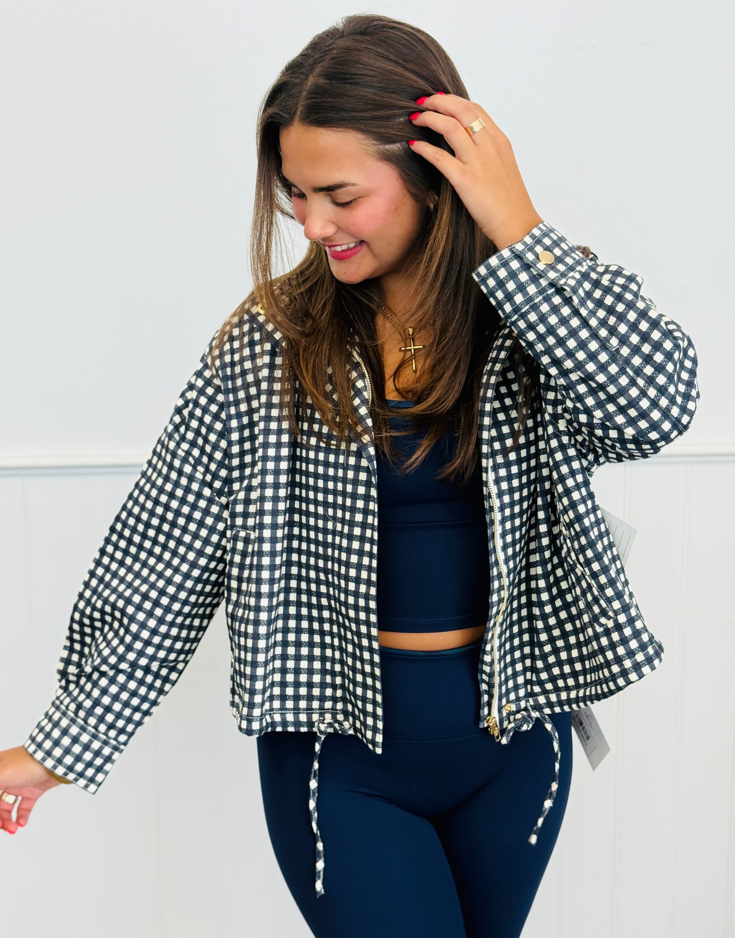 Navy Gingham Check Drawstring Jacket (Reg.)