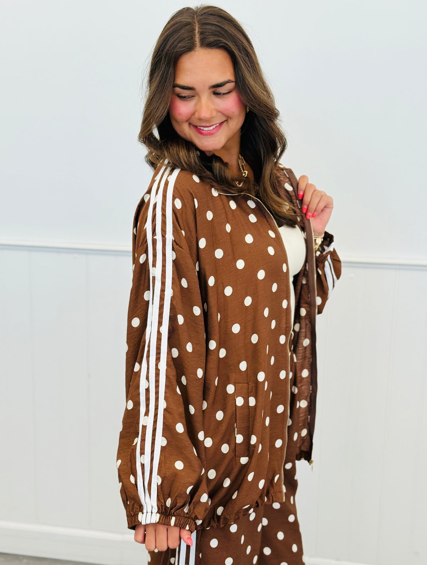 Mocha Polka Dot Side Striped Jacket & Pants Set (One Size)