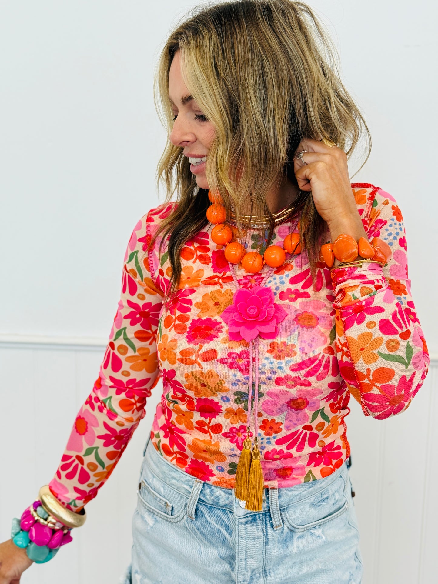 Floral Print Mesh Blouse (Reg.) - 4 Colors