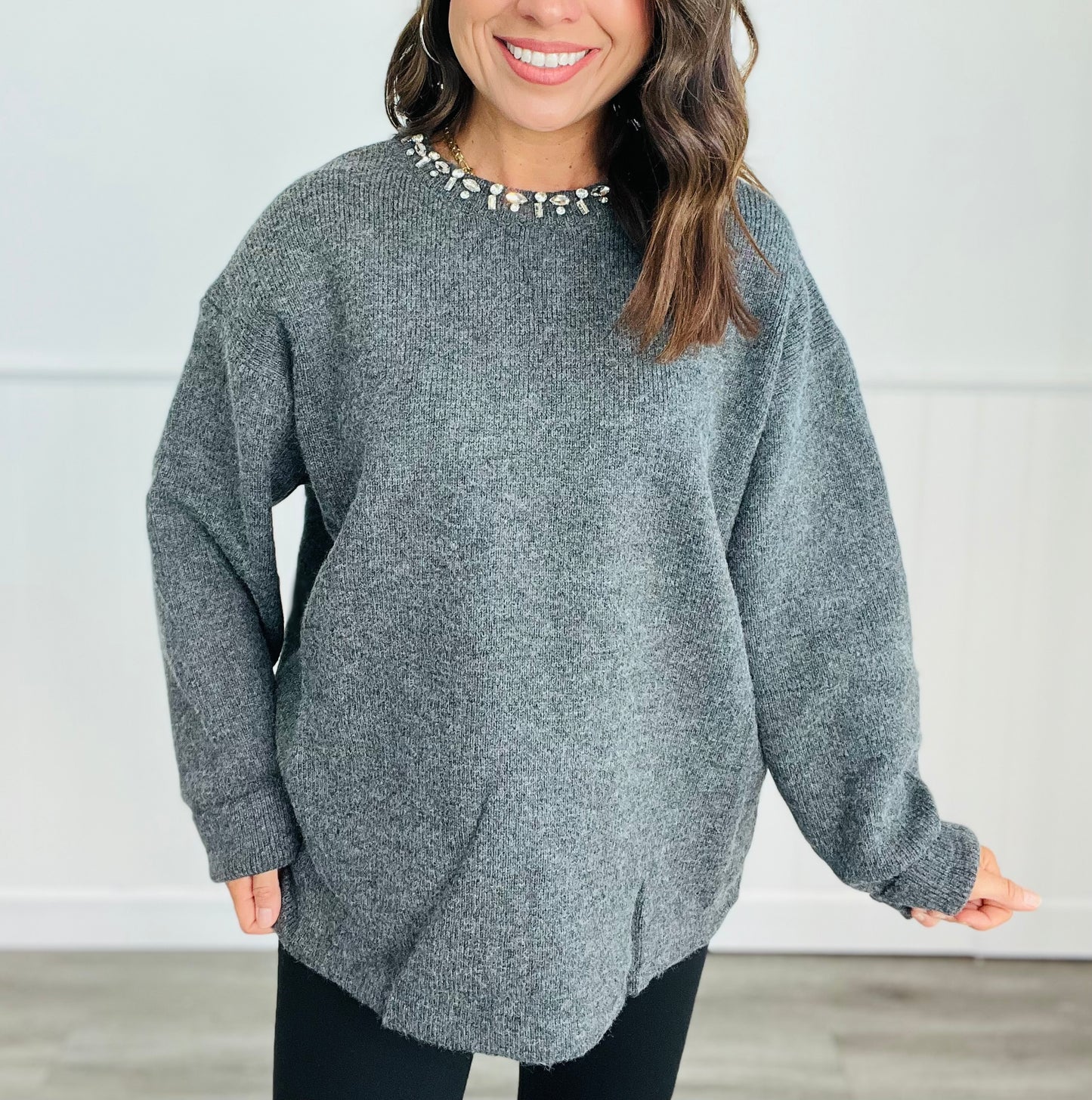 Charcoal Knit Rhinestone Sweater (Reg. & Plus)