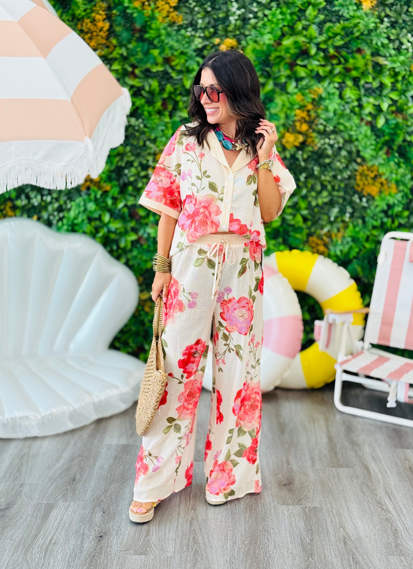 Ivory Mesh Floral Button Front Shirt (Reg. and Plus)