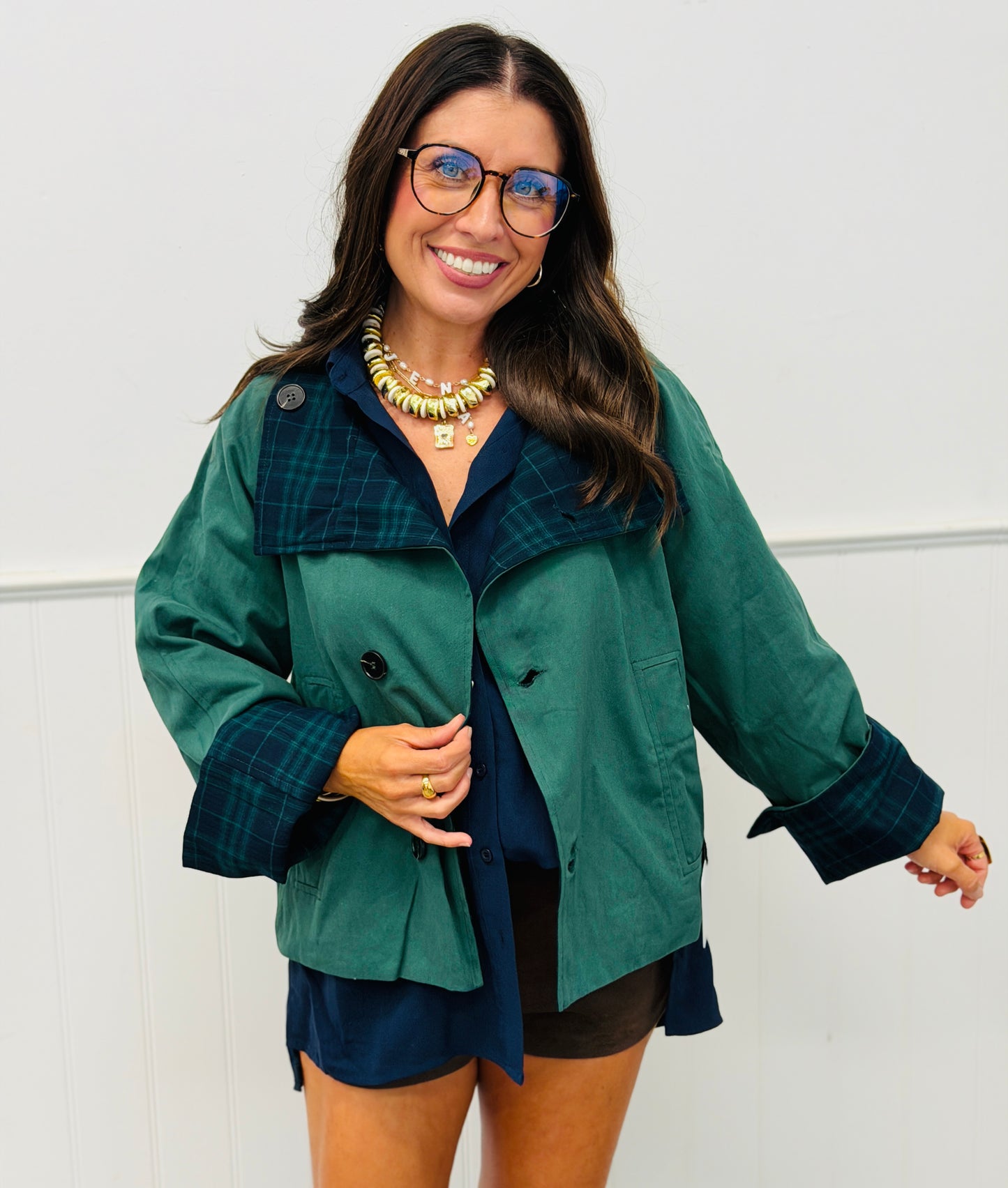 Hunter/Navy Reversible Crop Trench Jacket (Reg & Plus)