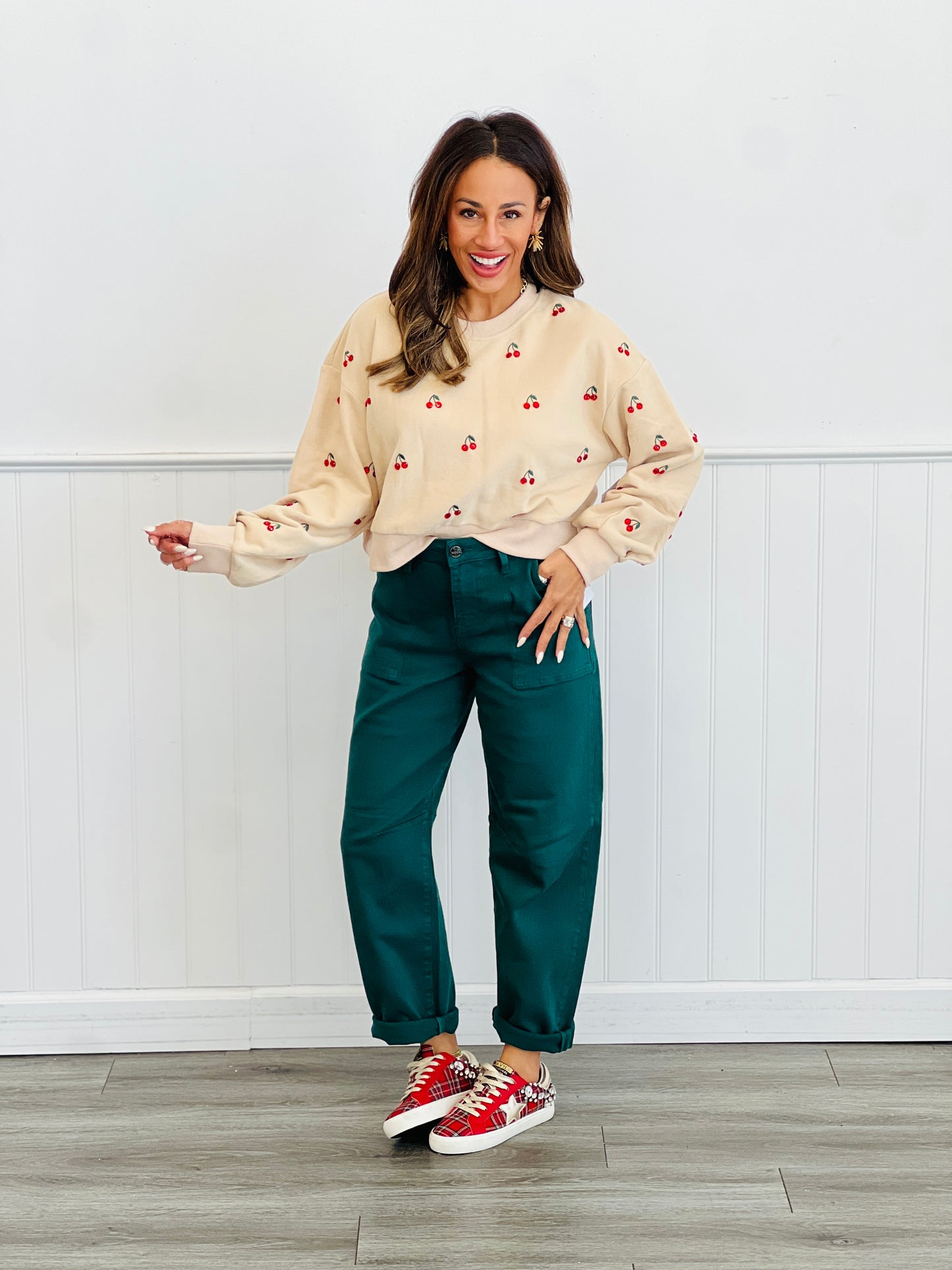 Queen Of Sparkles Tan Jeweled Cherry Sweatshirt (Reg. and Plus)