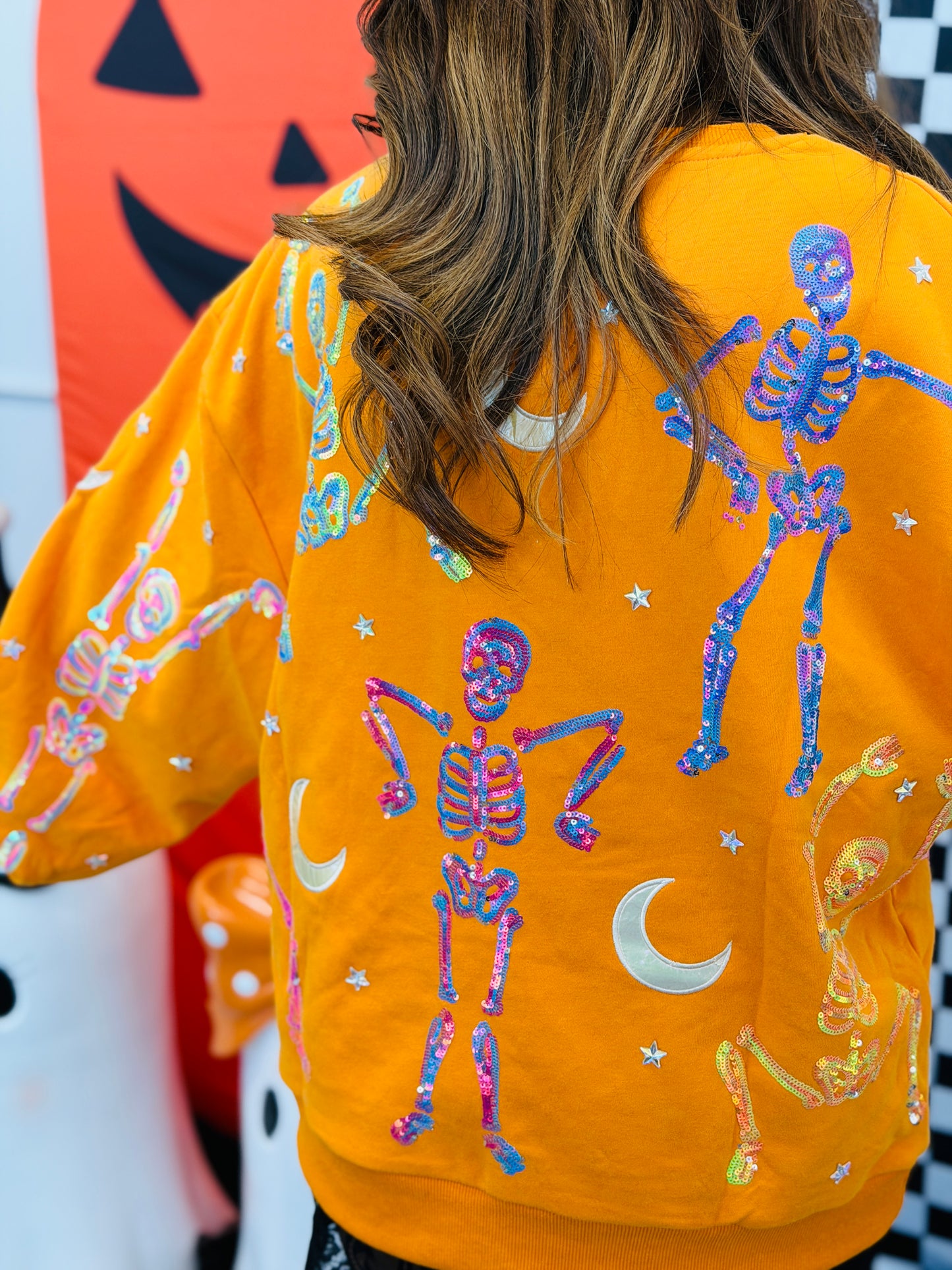 Queen Of Sparkles Orange Dancing Skeleton Sweatshirt (Reg. and Plus)