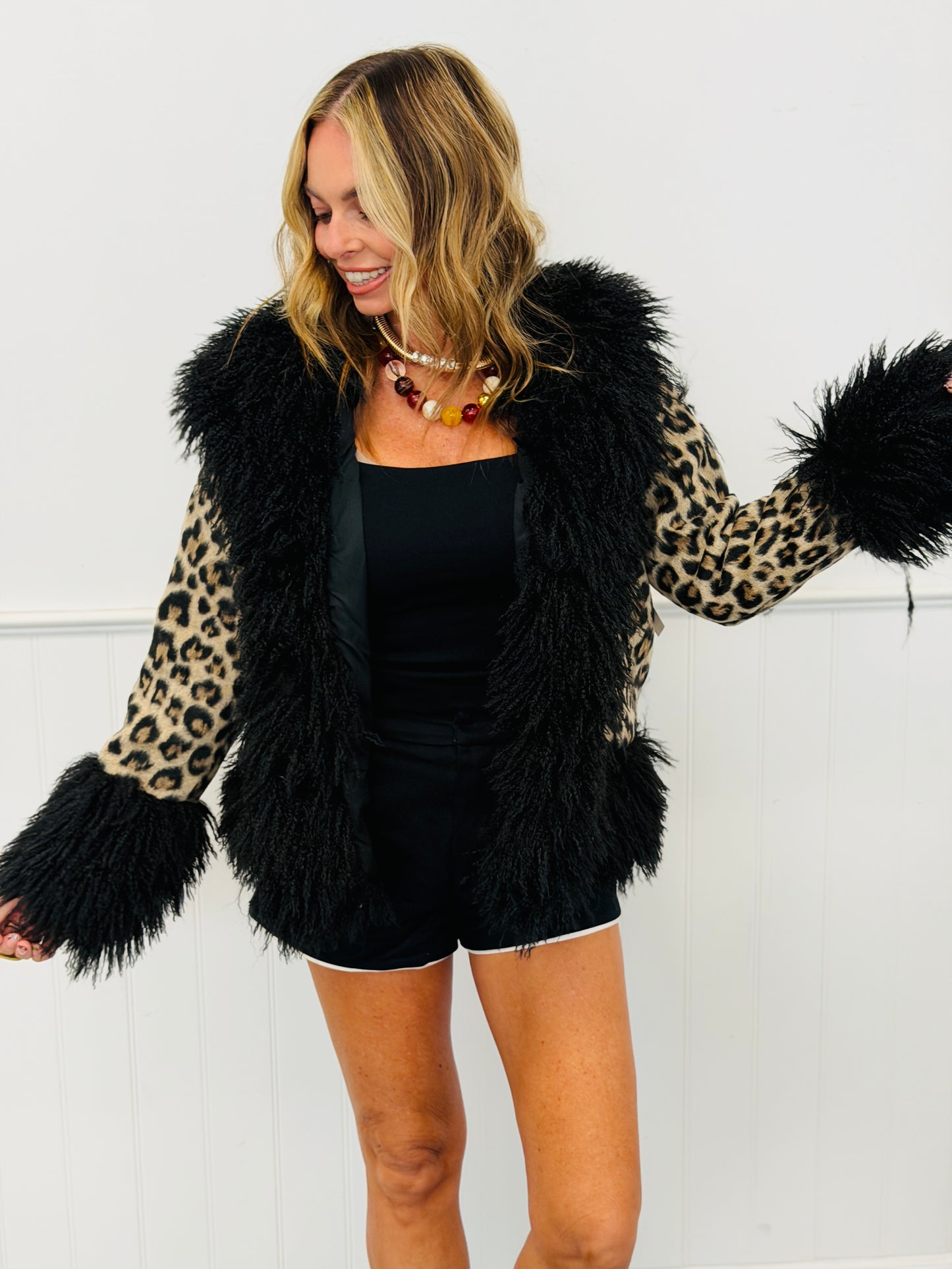 Leopard Print Faux Fur Trim Cardigan (Reg.)