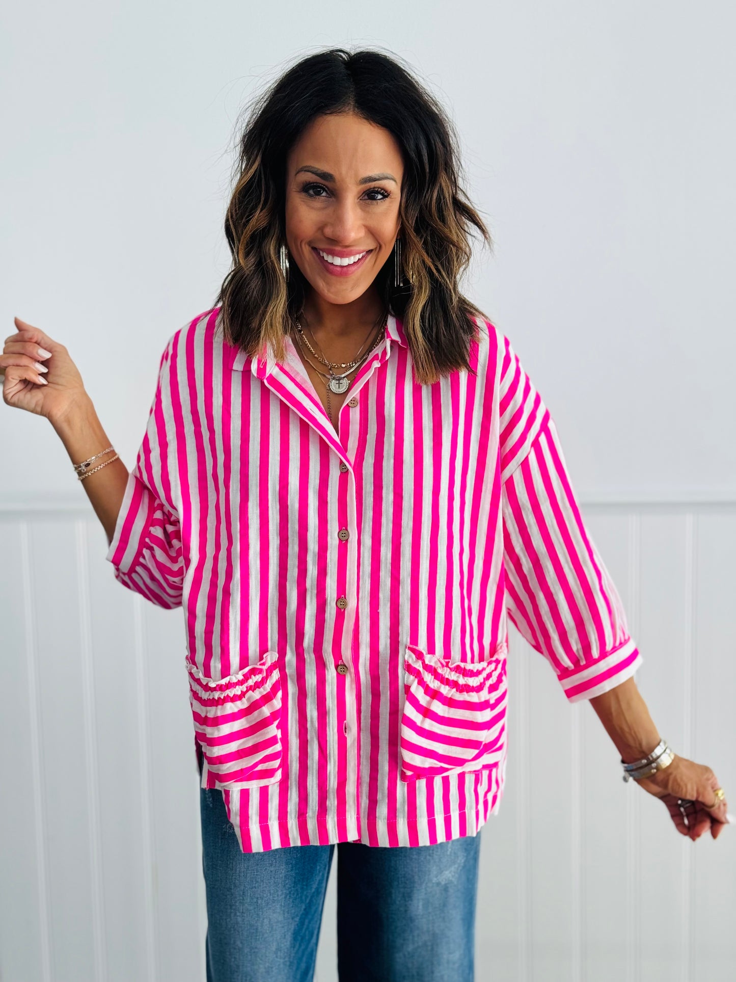 Striped Button Down Top (Reg. & Plus)- 2 Colors