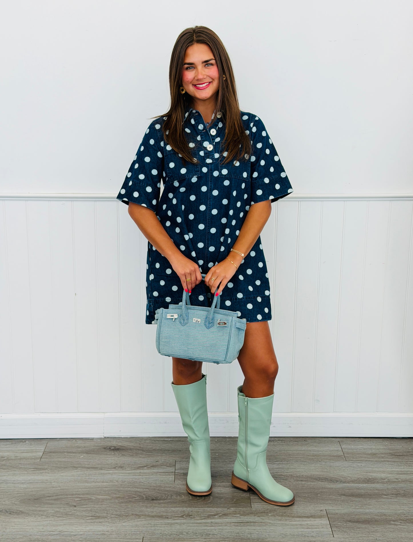 Washed Denim Polka Dot Mini Dress (Reg.)
