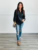 Black Shiny Button Down Long Sleeve Top (Reg. and Plus)