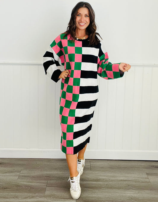 Black/Pink Checkered and Striped Sweater Midi Dress (Reg. and Plus)