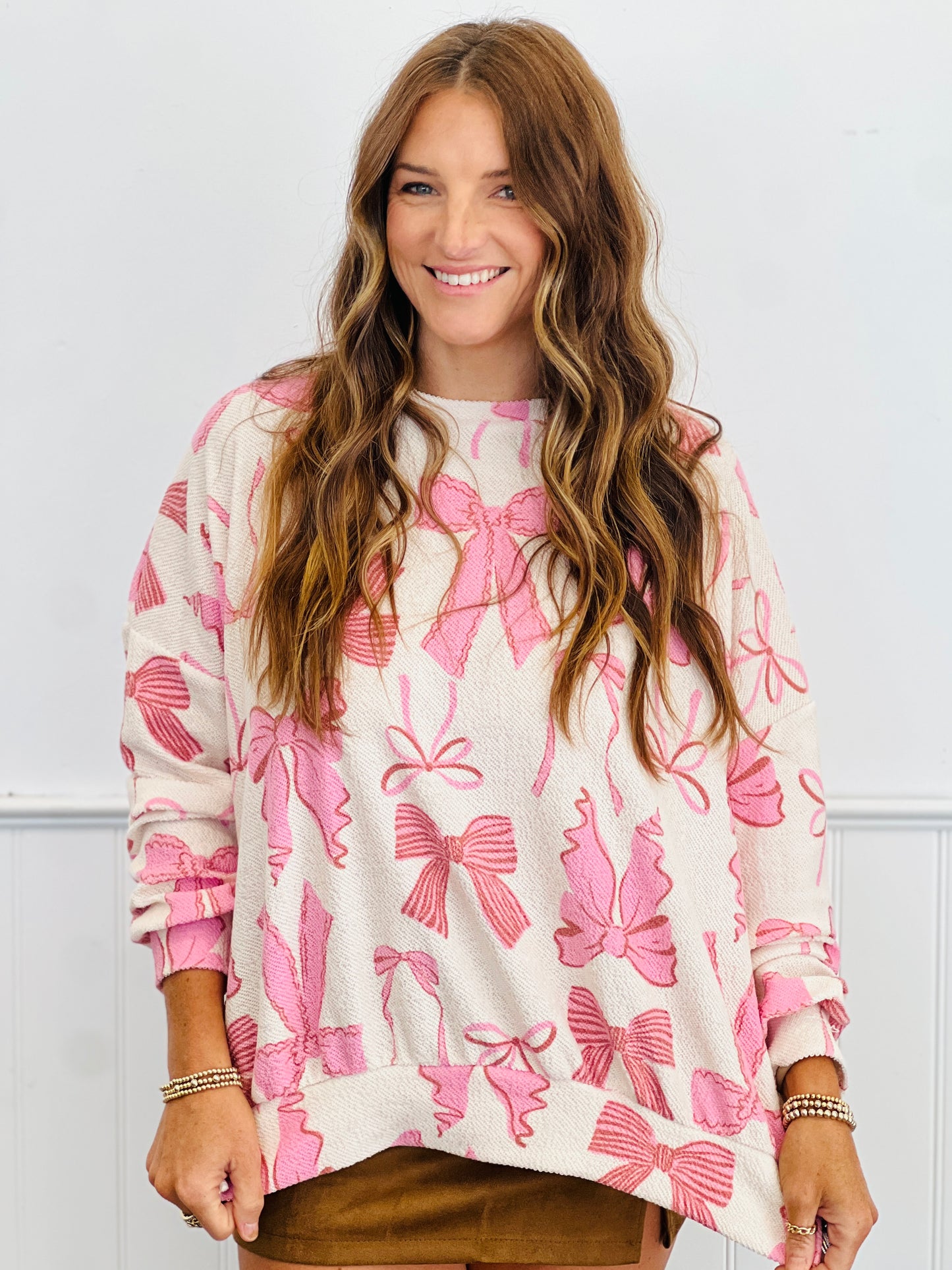 Cream/Pink Bow Tied Ribbon Print Top (Reg & Plus)