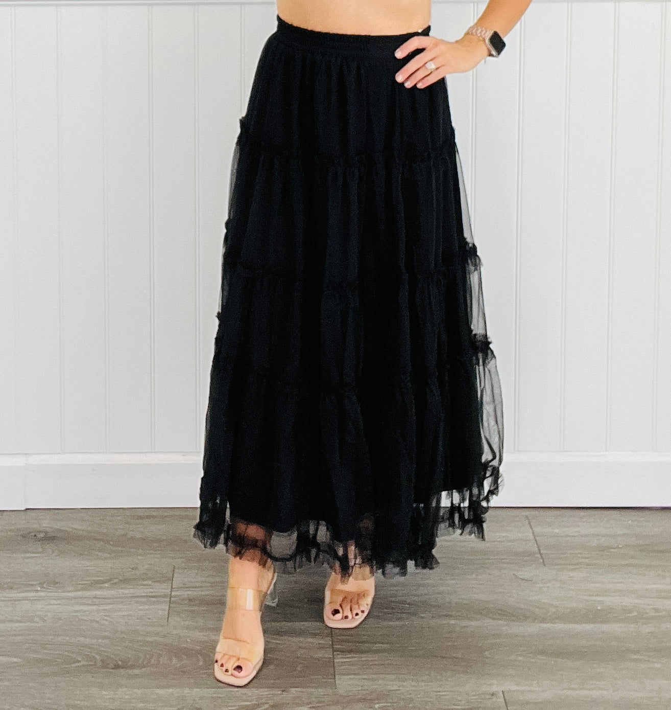 Black Tulle Mesh Ruffle Midi Skirt (Reg & Plus)