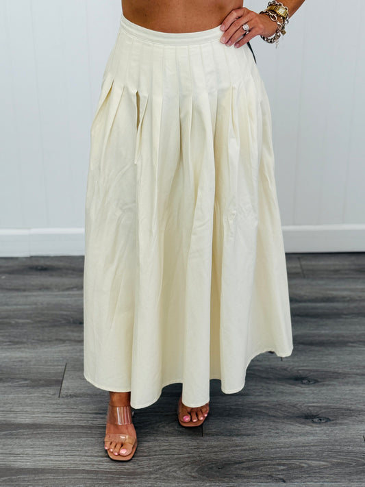 Cream Semi Pleated Midi Skirt (Reg.)