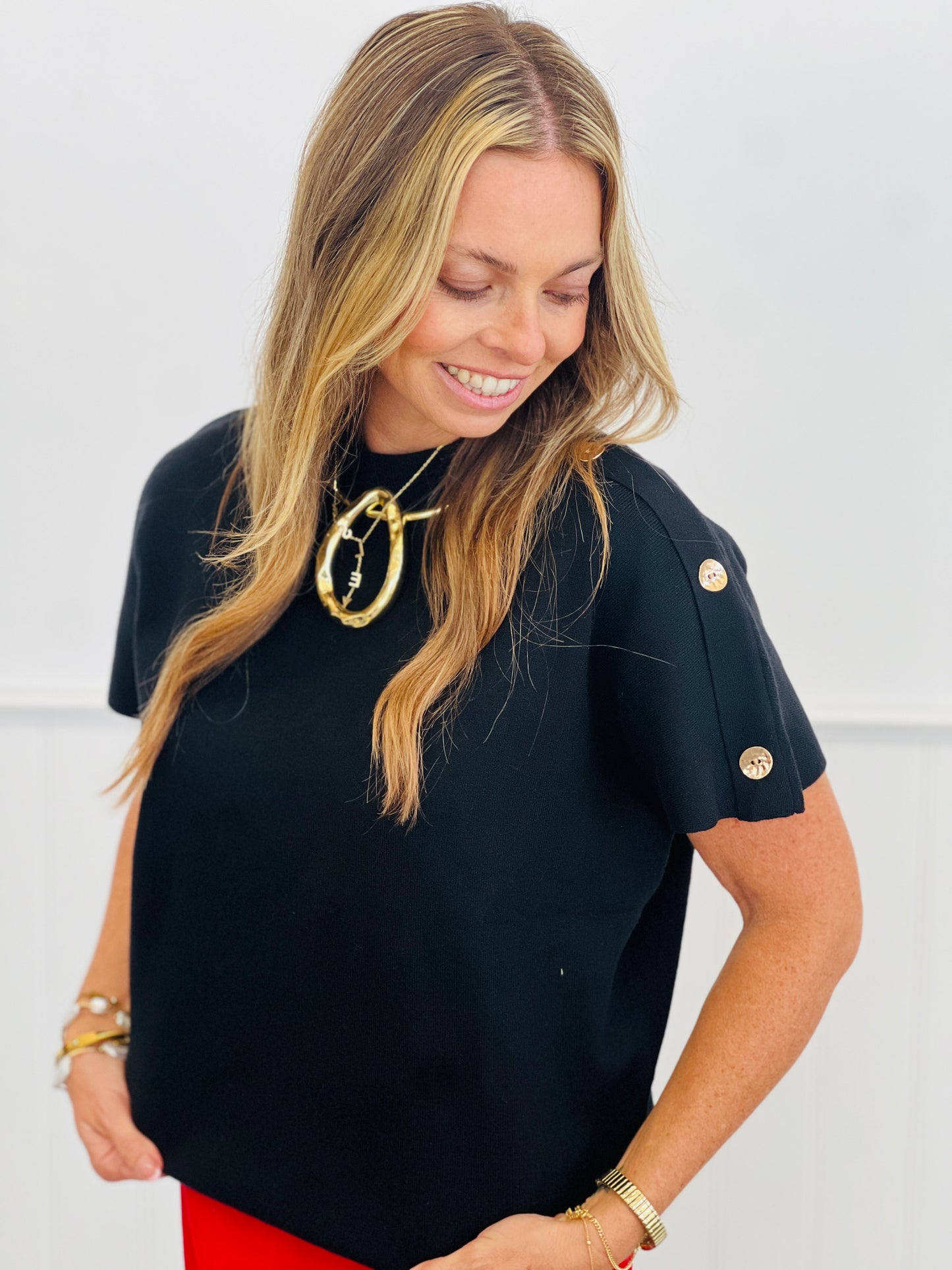 Shoulder Side Gold Button Top (Reg.) - 3 Colors
