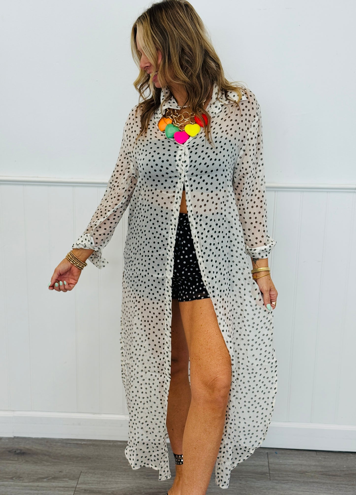 White/Black Dot Maxi Shirt & Shorts Set (Reg)