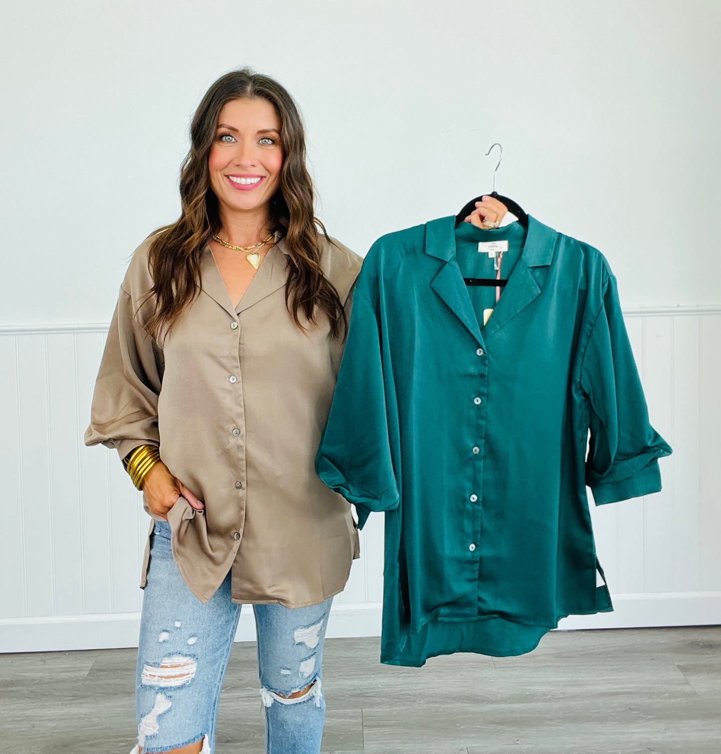 Satin Button Down 3/4 Sleeve Blouse (Reg.) - 2 Colors