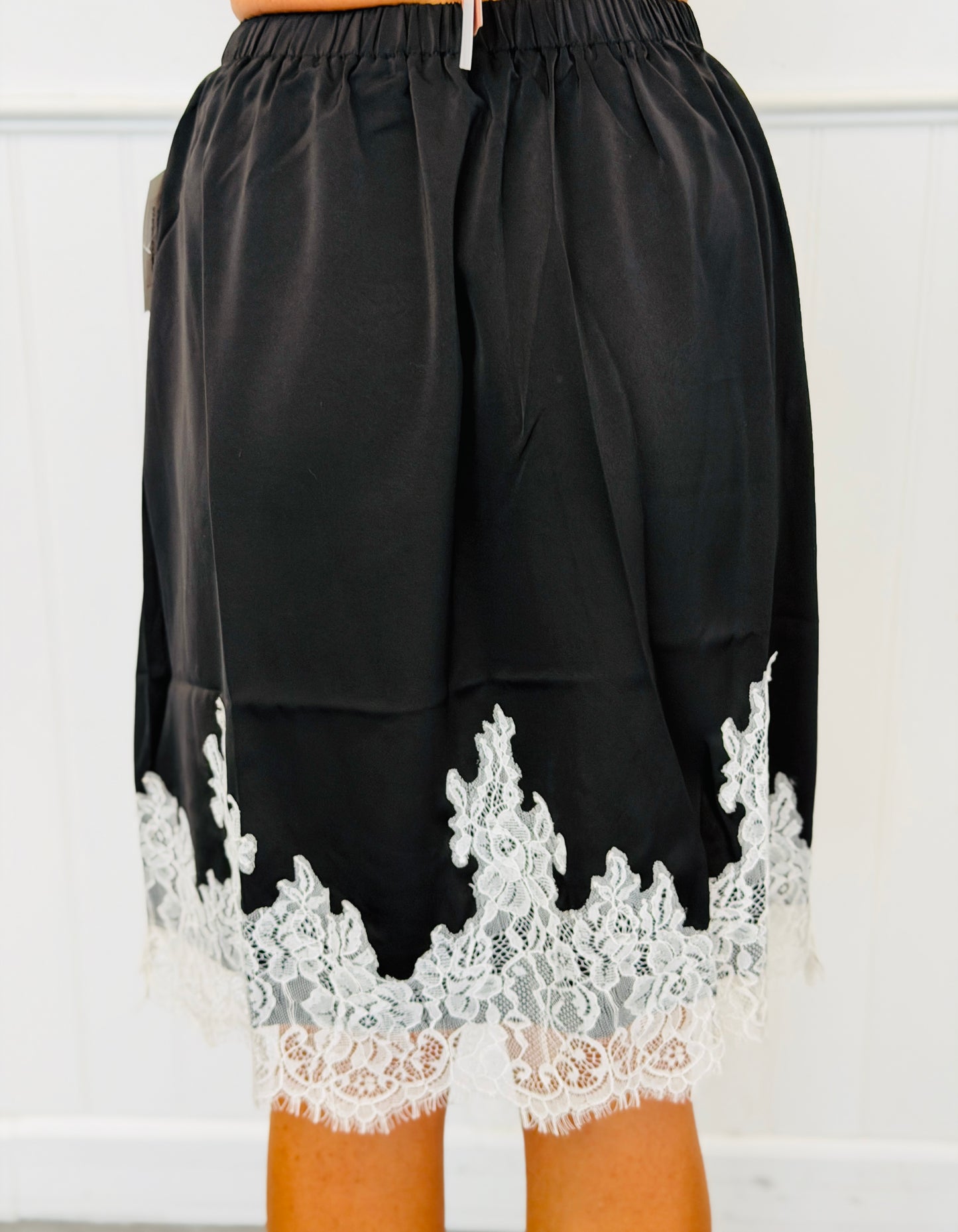 Satin Lace Trim Knee Length Skirt (Reg & Plus) - 2 Colors