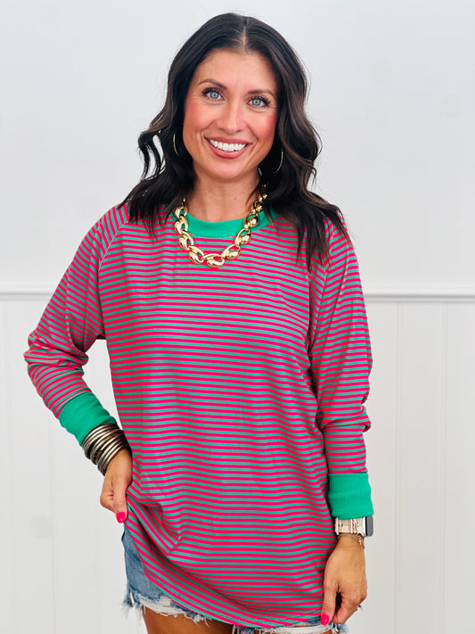 Kelly Green/Pink Relaxed Fit Striped Top (Reg & Plus)