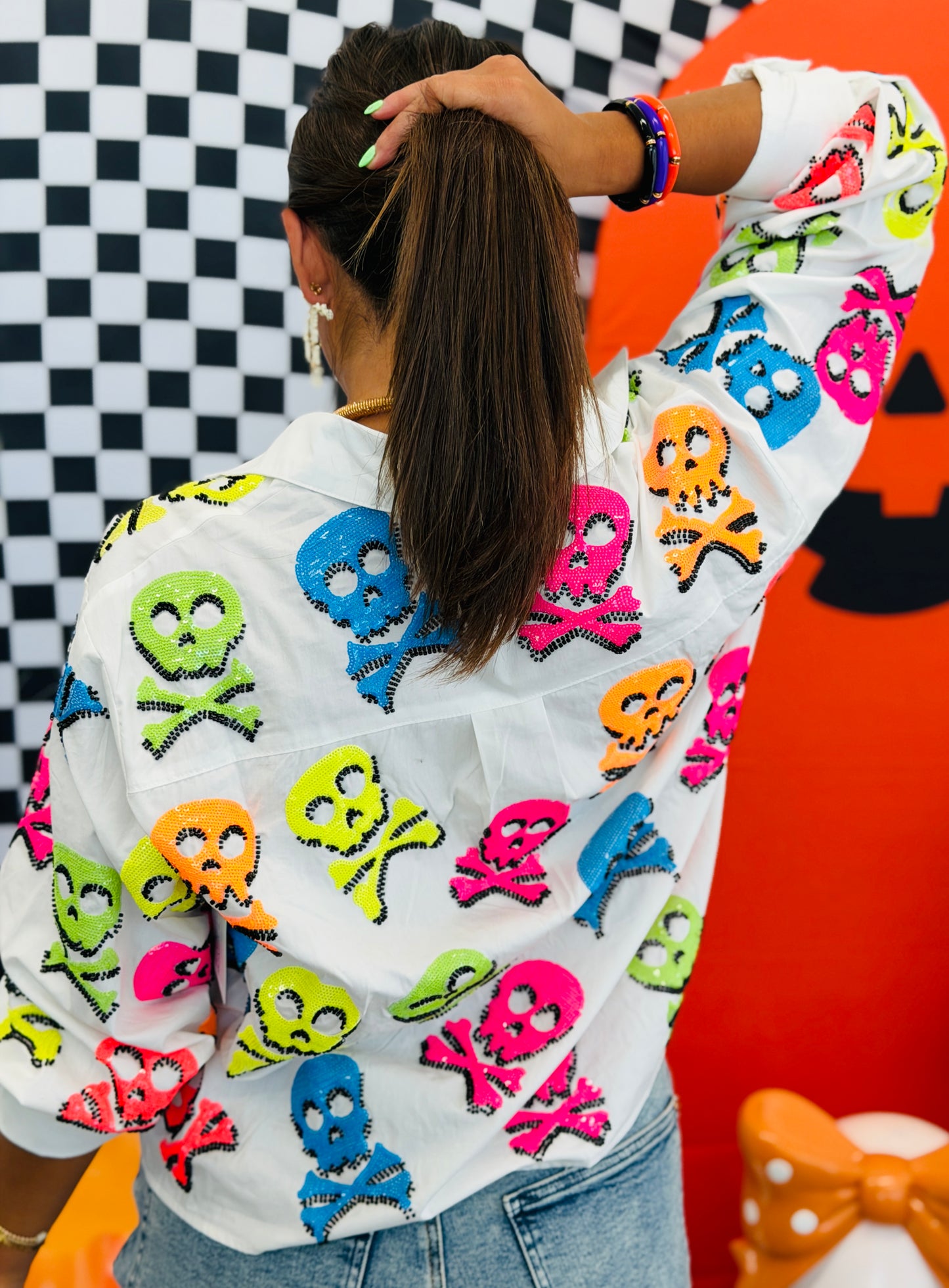 Queen Of Sparkles White Neon Multi Skull & Crossbones Top (Reg. and Plus)