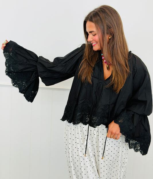 Black Lace High Low Bell Sleeves Blouse (One Size)