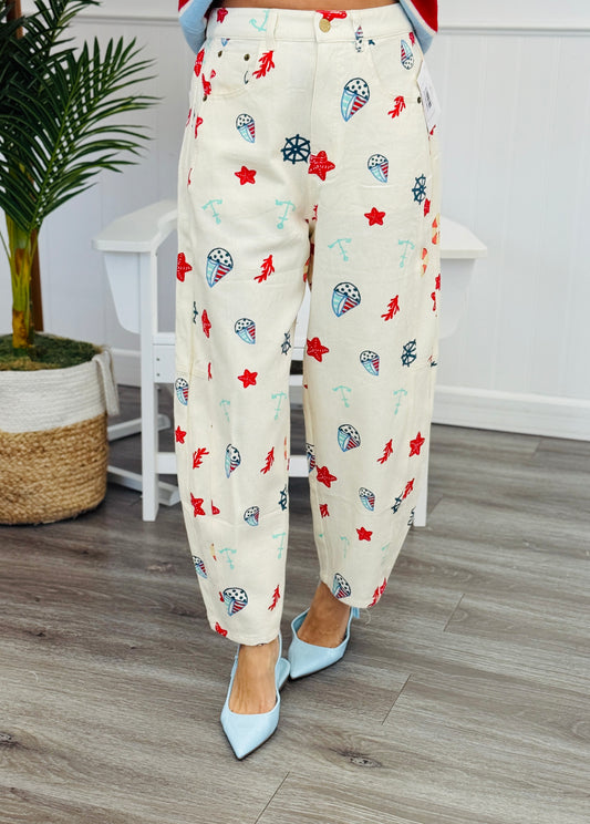 Ivory Denim Marine Life Print Pants (Reg & Plus)