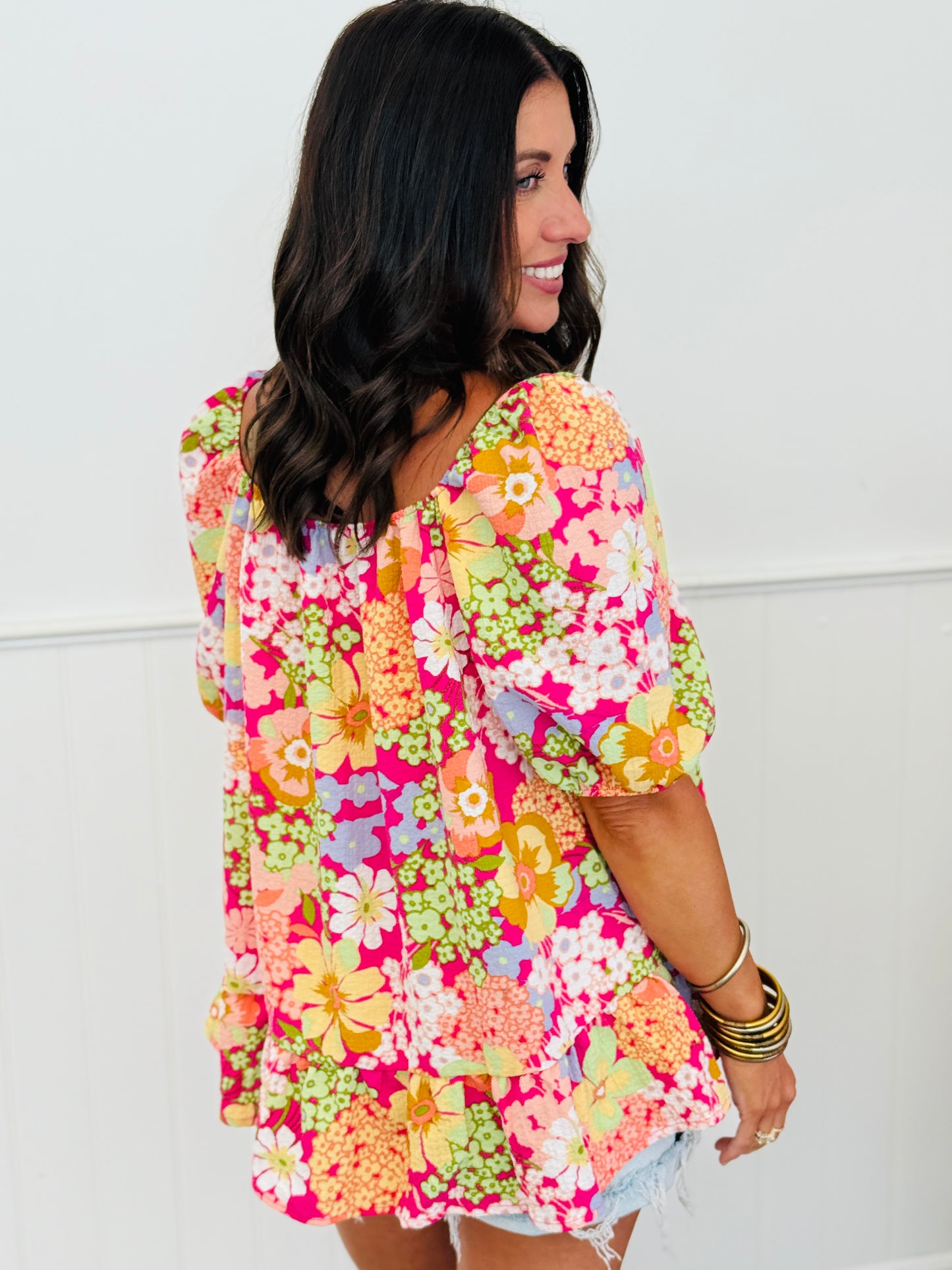 Fuchsia Multi Floral Blouse (Reg. and Plus)