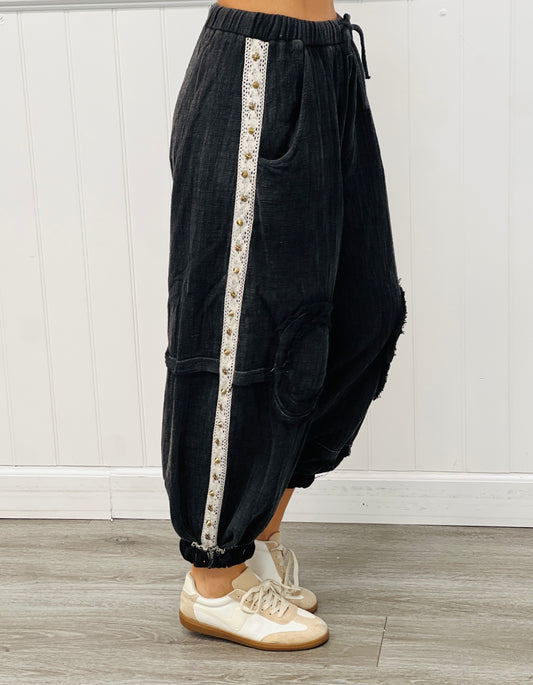 POL Black  Side Crochet Lace Stripe Joggers (Reg)