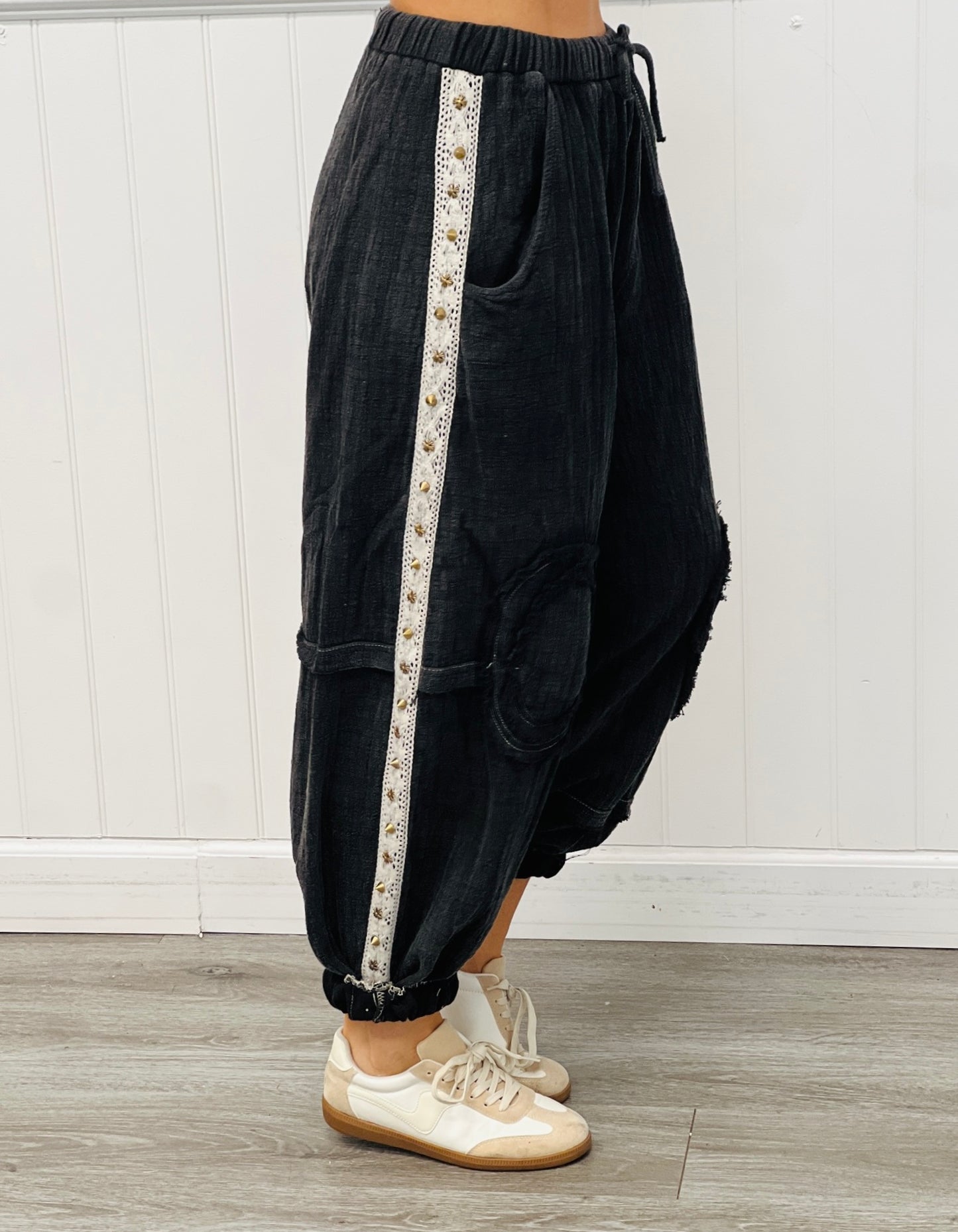 POL Black  Side Crochet Lace Stripe Joggers (Reg)