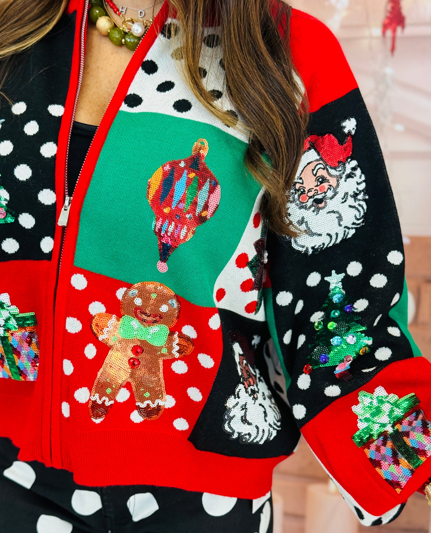 Queen Of Sparkles Colorblock Polka Dot Christmas Icon Zip Up Sweater (Reg. and Plus)