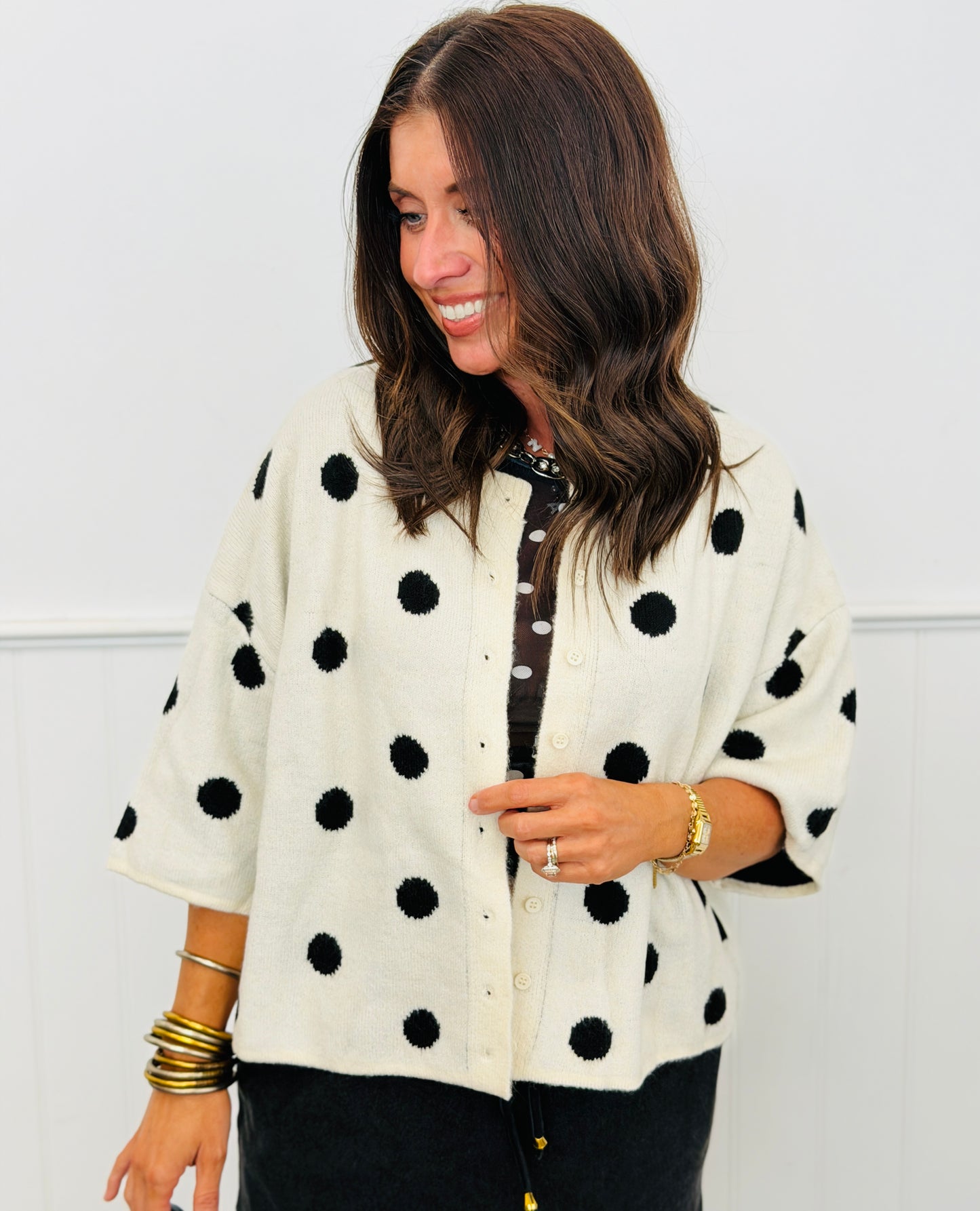 Cream/Black Polka Dot Short Sleeve Cardigan (Reg and Plus)