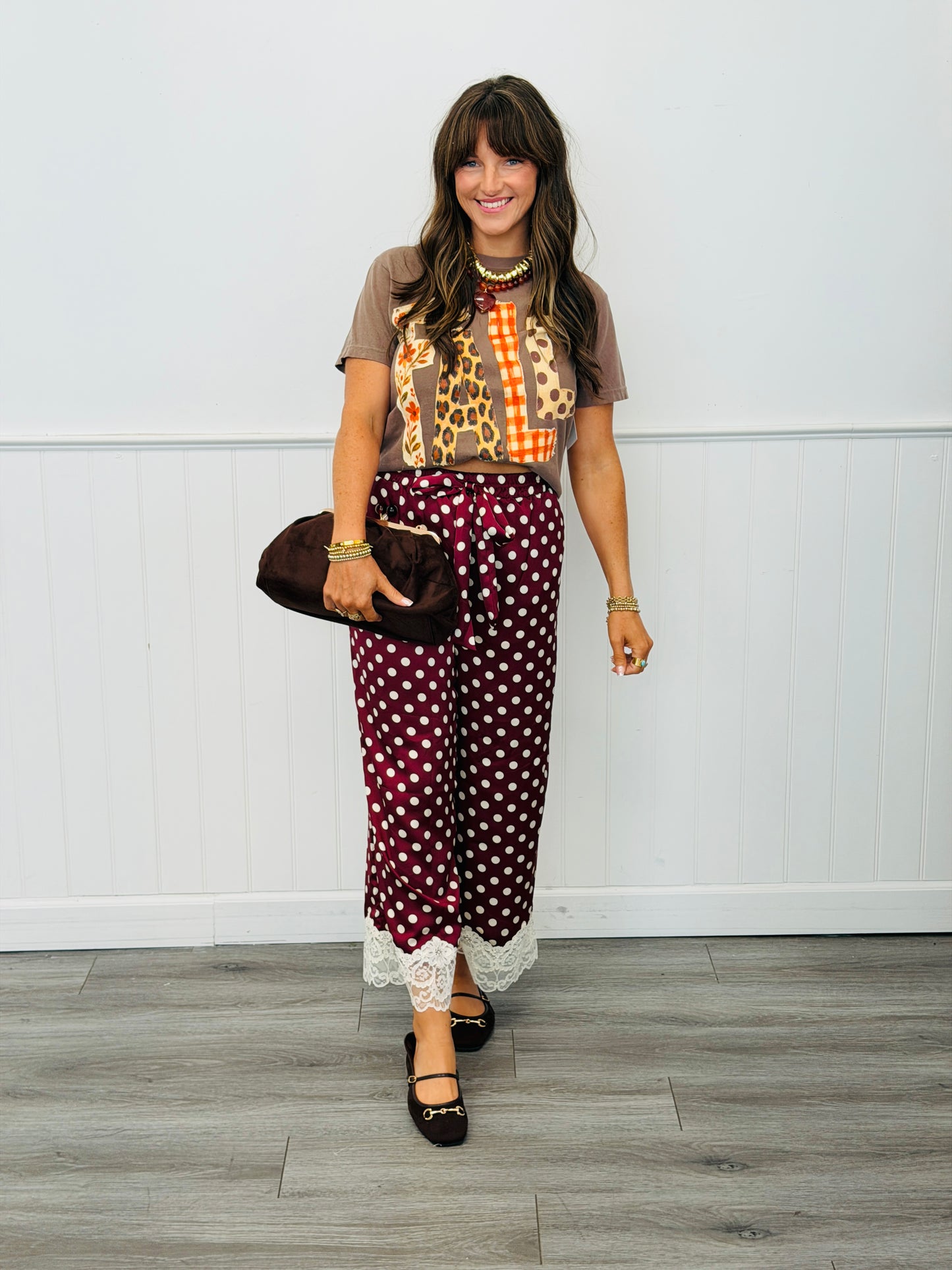 Burgundy/Cream Silk Satin Polka Dot Pants (Reg & Plus)