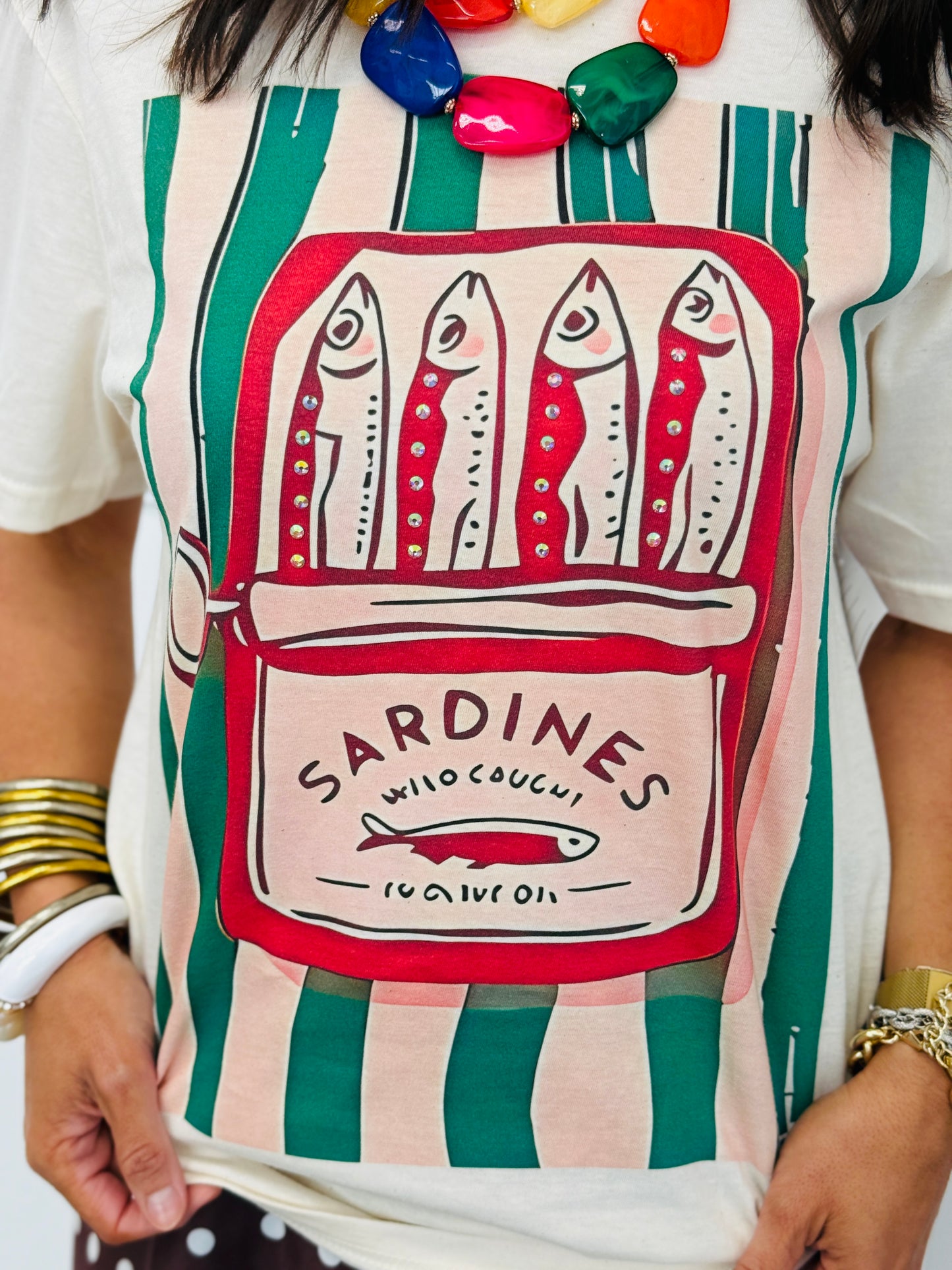 Green Striped Sardines Bling Tee (Reg. and Plus)