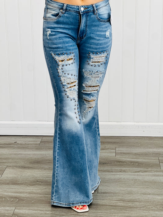 Oli & Hali Stud Distressed Flare Denim Jeans (Reg.)