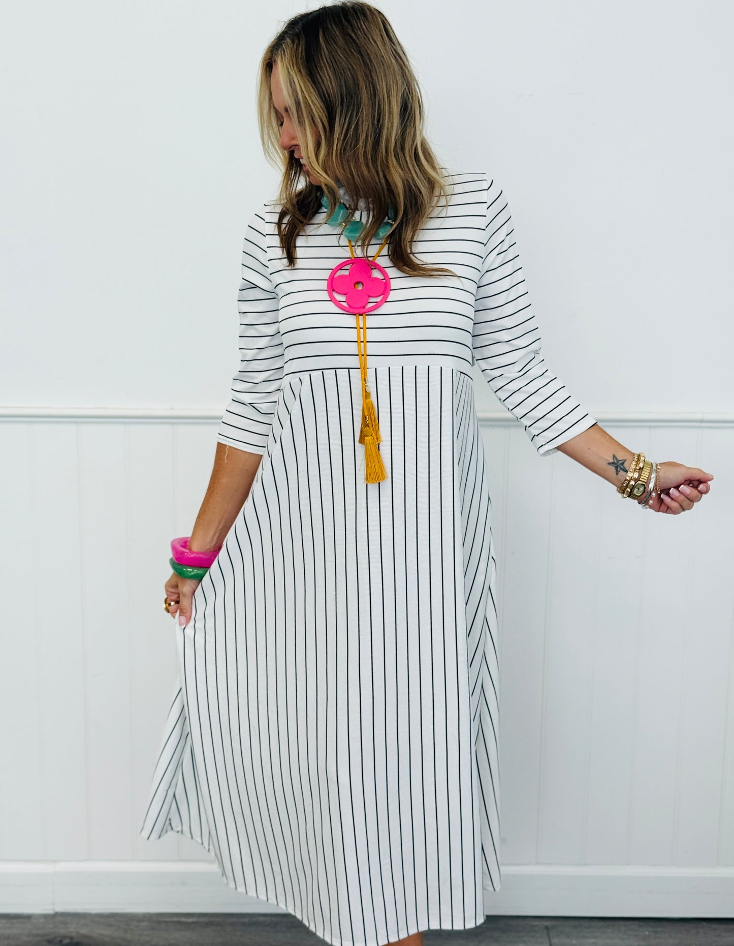 Ivory Carefree Striped Midi Dress (Reg & Plus)
