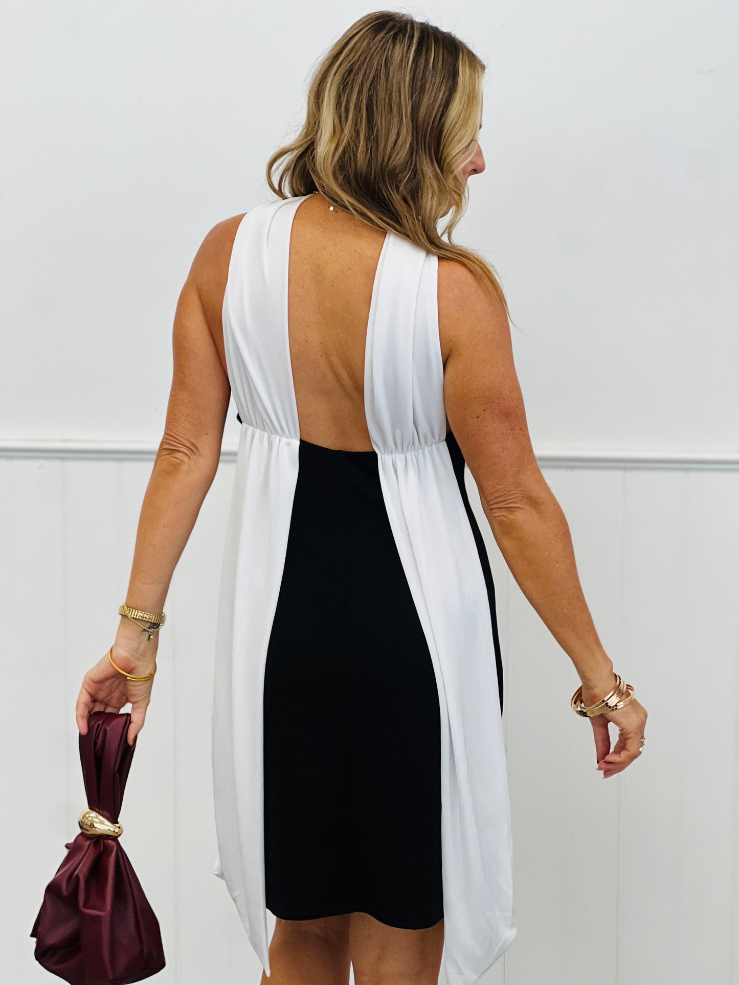 Black/White Open Back Halter Mini Dress (Reg.)
