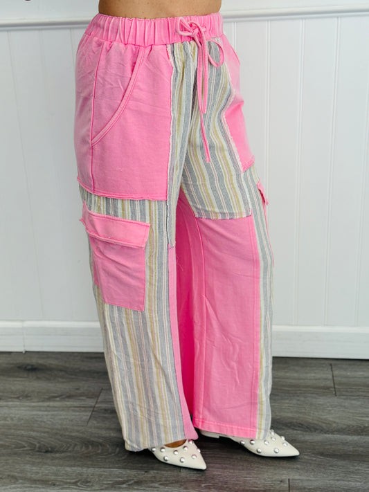 Pink Acid Washed Contrast Stripe Pants (Reg & Plus)