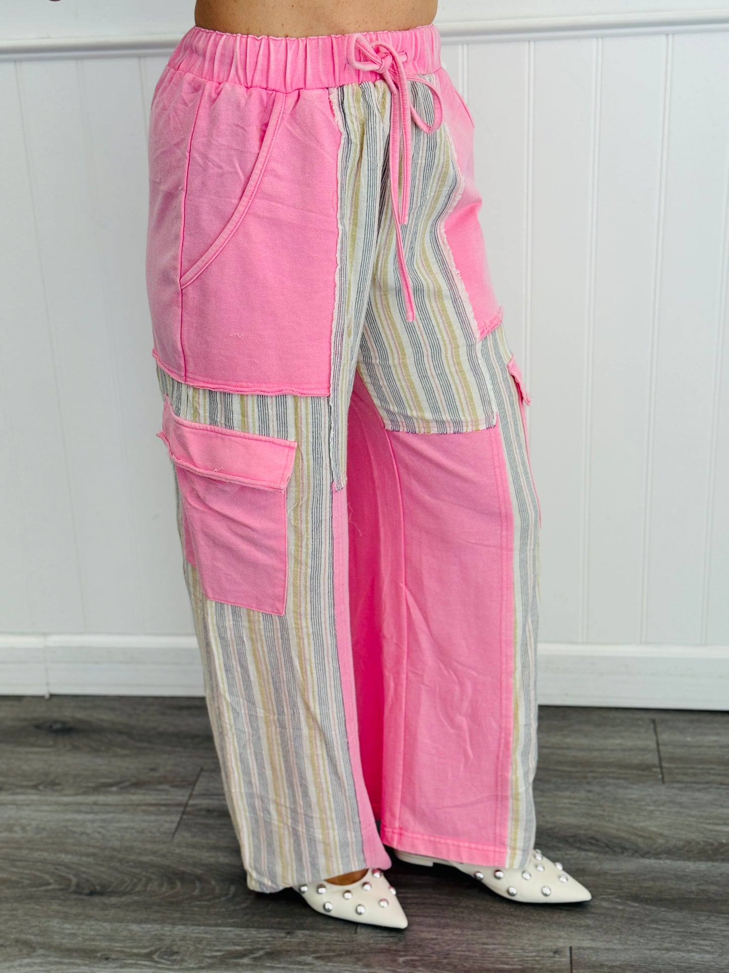 Pink Acid Washed Contrast Stripe Pants (Reg & Plus)