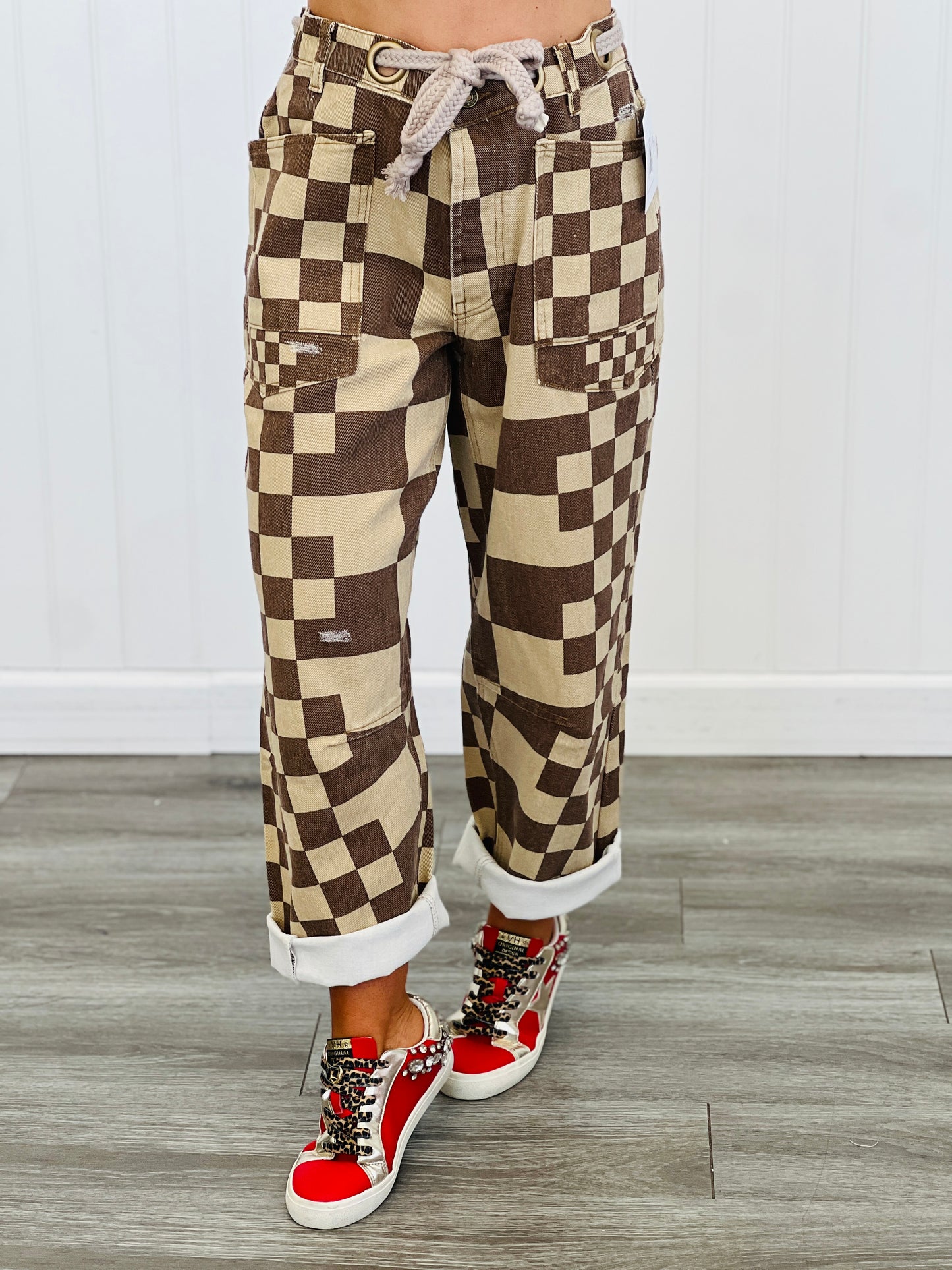 Mocha Checkered Braided Belt Pants (Reg.)