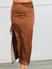 Brown Satin Lace Trim Maxi Skirt (Reg & Plus)