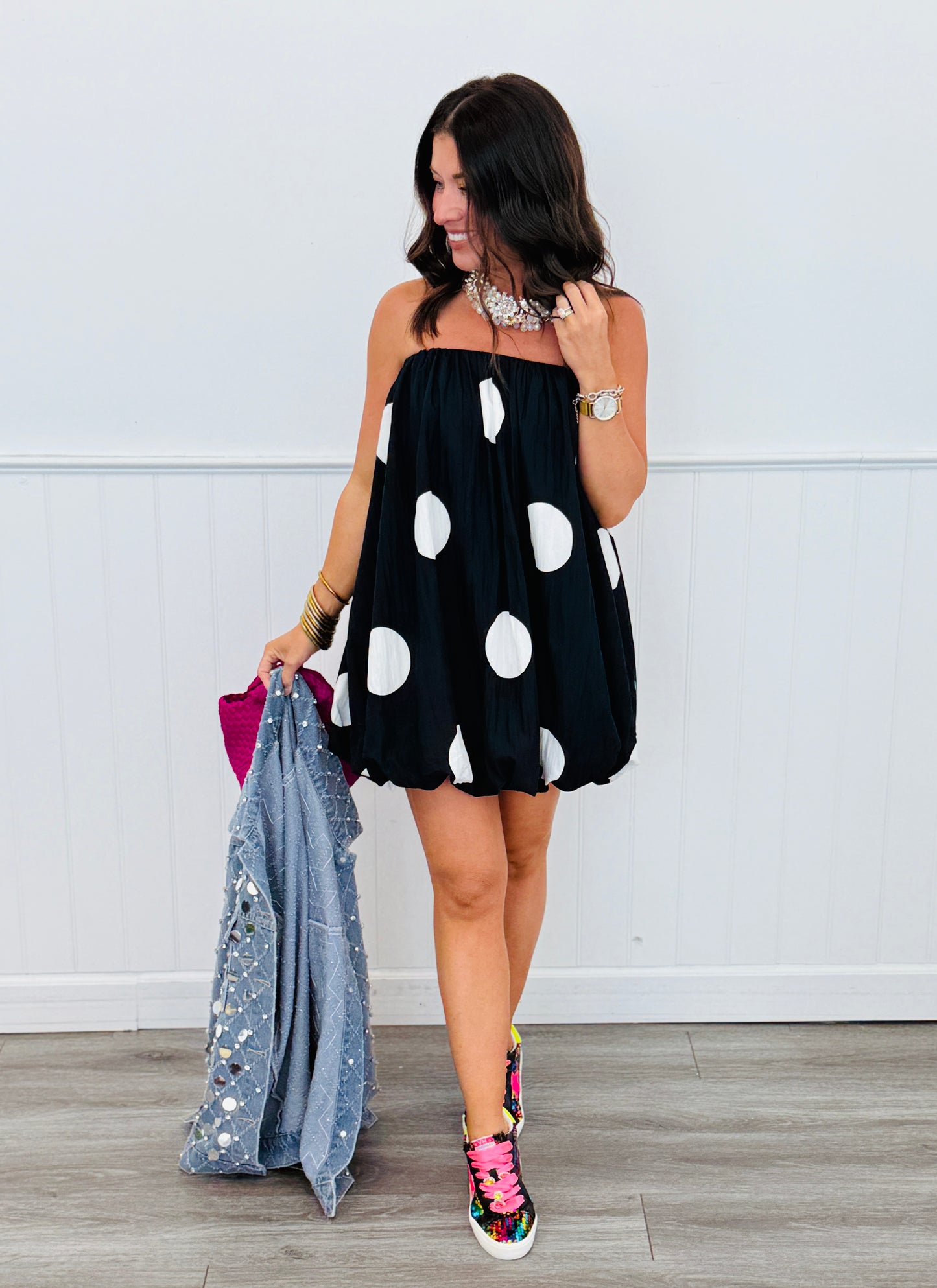 Black Polka Dot Bubble Hem Mini Dress (Reg.)